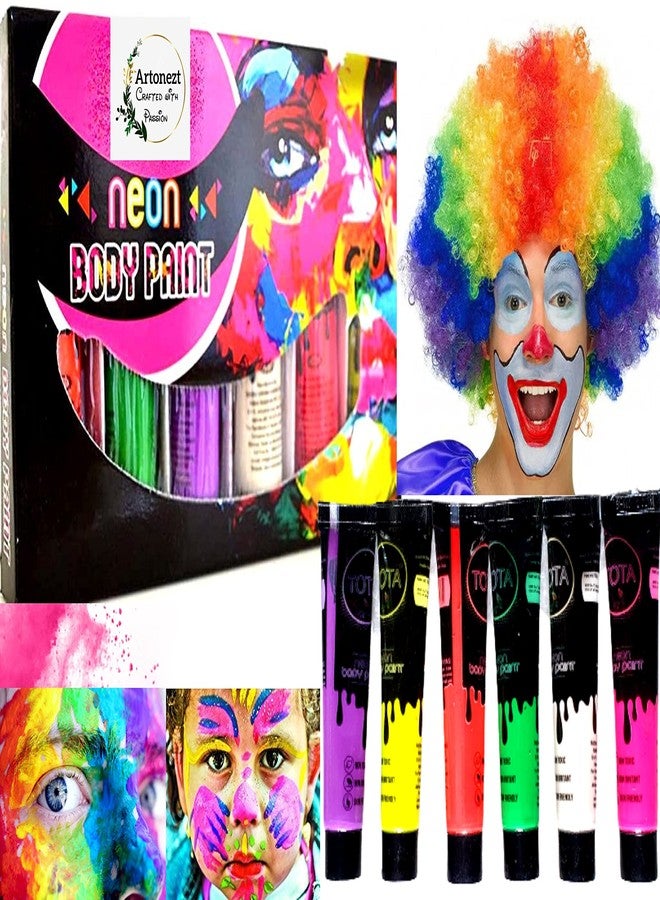 Artonezt طلاء وجه وجسم نيون متوهج بالأشعة فوق البنفسجية من أرتونيزت، غير سام وآمن على البشرة، مثالي لحفلات هولي (6 ألوان، 300 غرام) + شعر مستعار متعدد الألوان للجنسين بتصميم مهرج جوكر، زي تنكري لمهرجان هولي والهالوين - Image 1